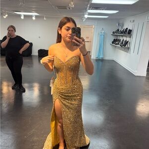 Portia and Scarlett Gold Sequin Strapless Gown